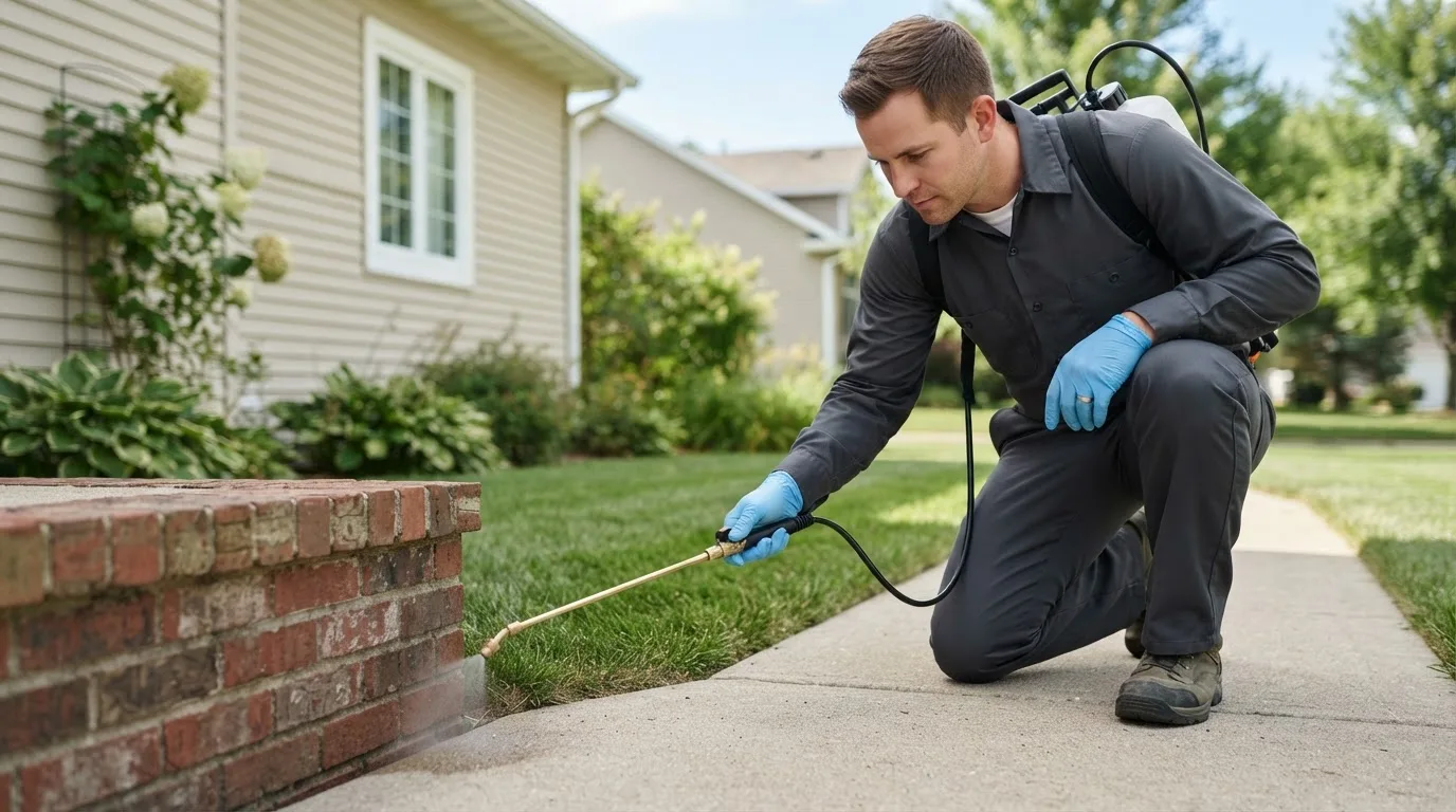 Pest control technician treating a home near Carson, IA