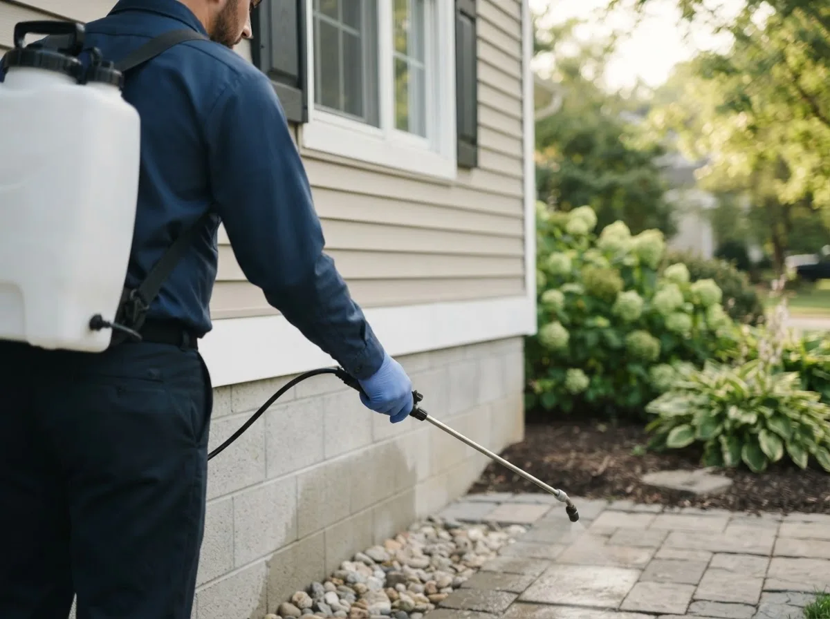 Pest control technician inspecting a home in Carson, IA
